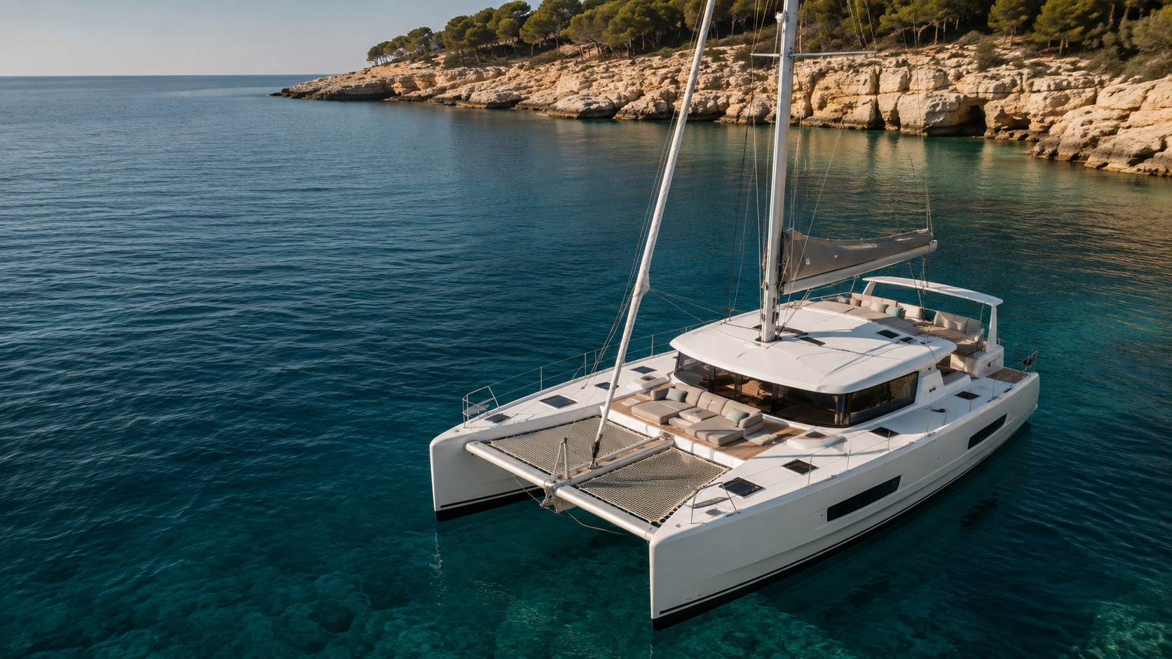 Illustrative catamaran at anchor in clear Mediterranean water